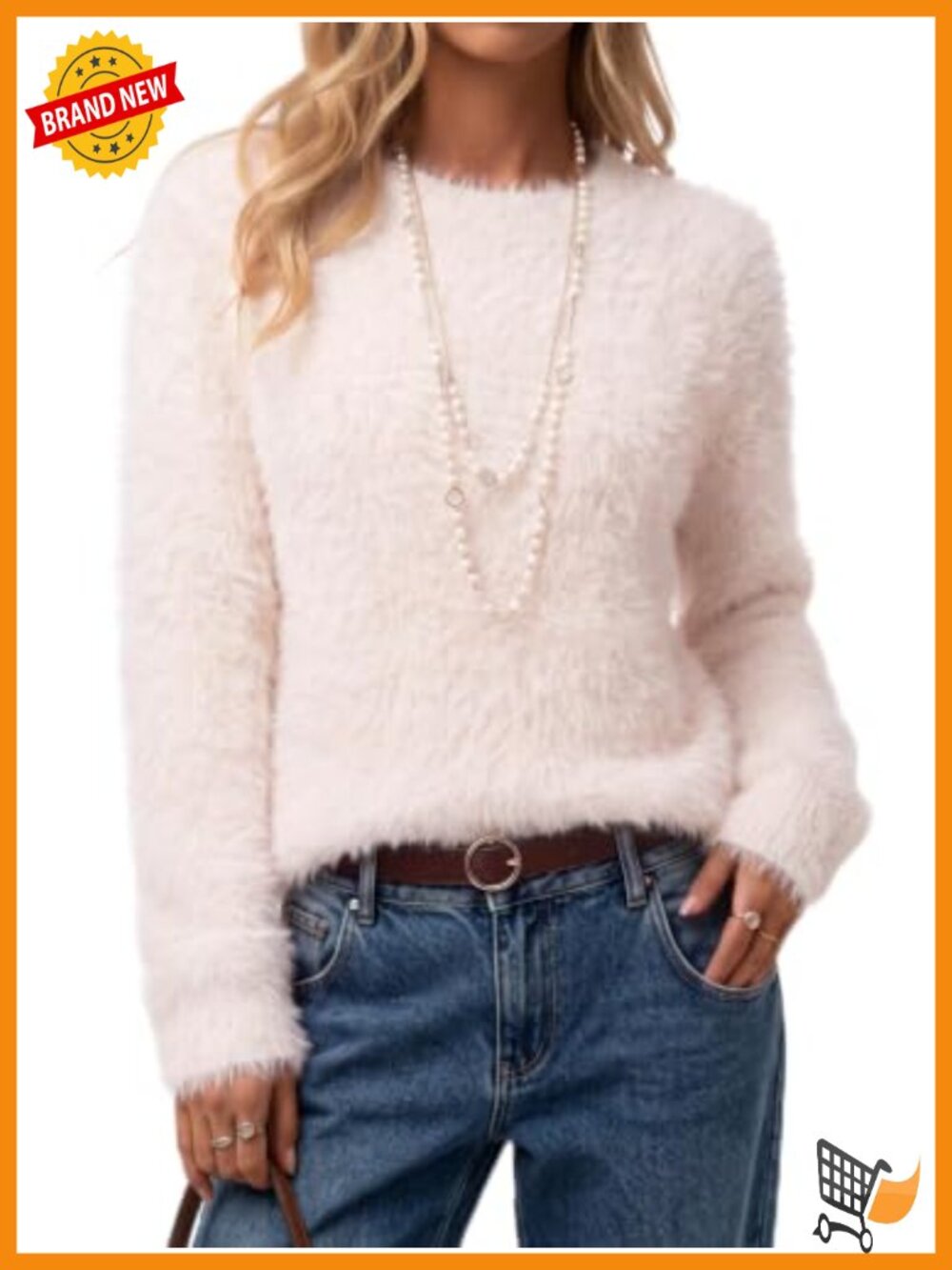 Wool Blend Faux Fur Crew Neck Pullover Sweater Long Sleeve